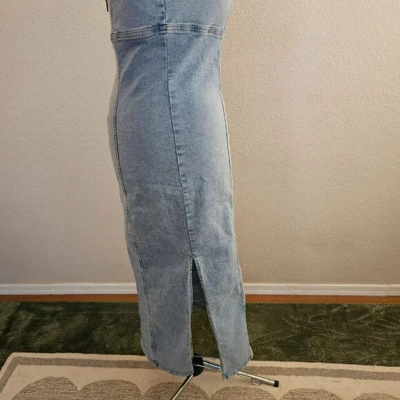 NWT long Denim dress with slit - Picture 8 of 11